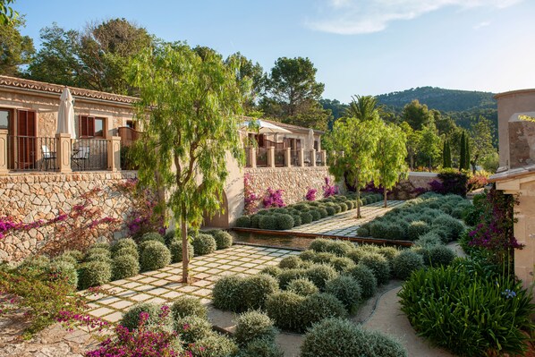 A courtyard with a stone wall, a pool, and various plants.