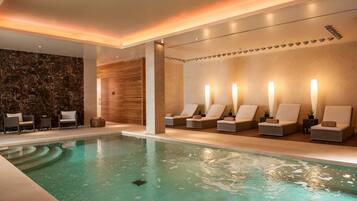 Indoor pool, outdoor pool, open 10:00 AM to 6:00 PM, pool umbrellas