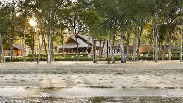 On the beach, beach umbrellas, beach towels, scuba diving