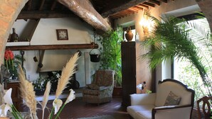 Una sala de estar acogedora con techo de madera rústica, un sofá cómodo, alfombra estampada y diversas plantas y objetos decorativos.