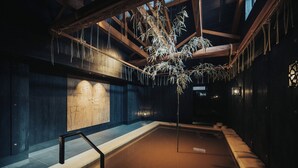 A dimly lit indoor pool area with a wooden ceiling and a hanging plant decoration.