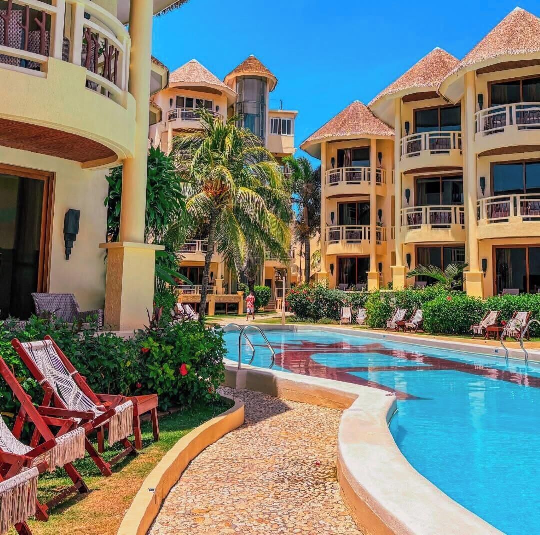 A resort with a swimming pool, lounge chairs, and a palm tree.
