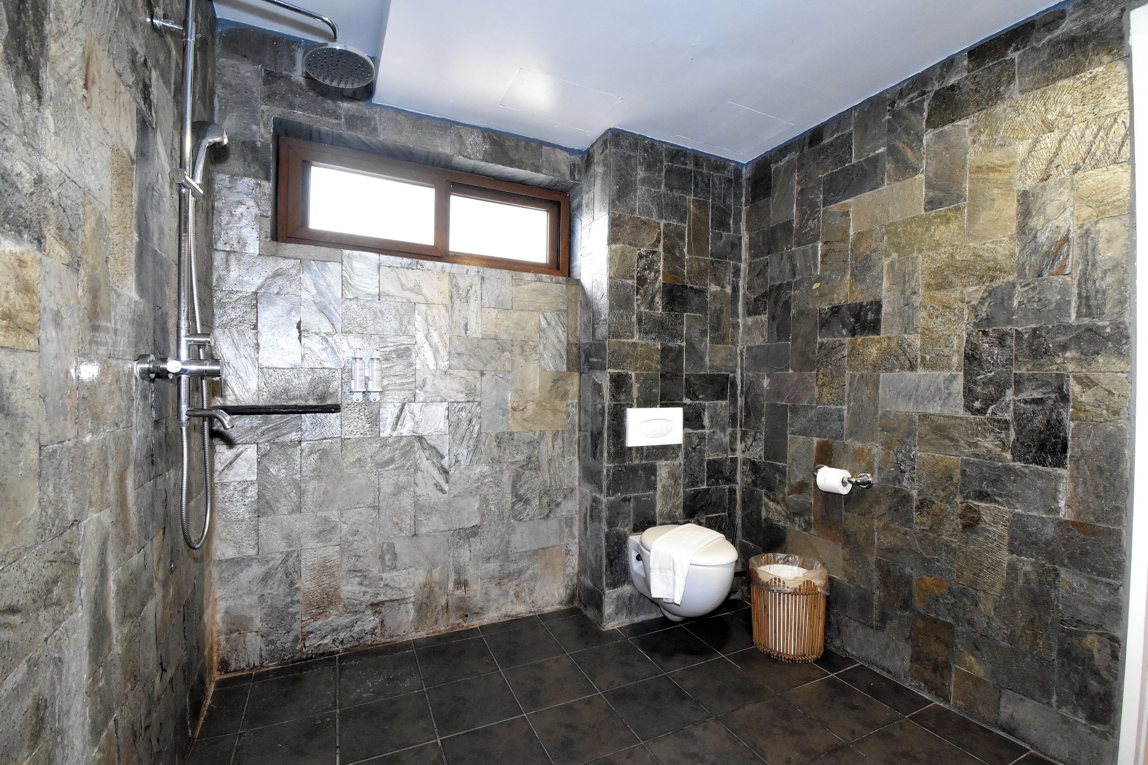 A bathroom with stone walls, a shower, a toilet, and a window.