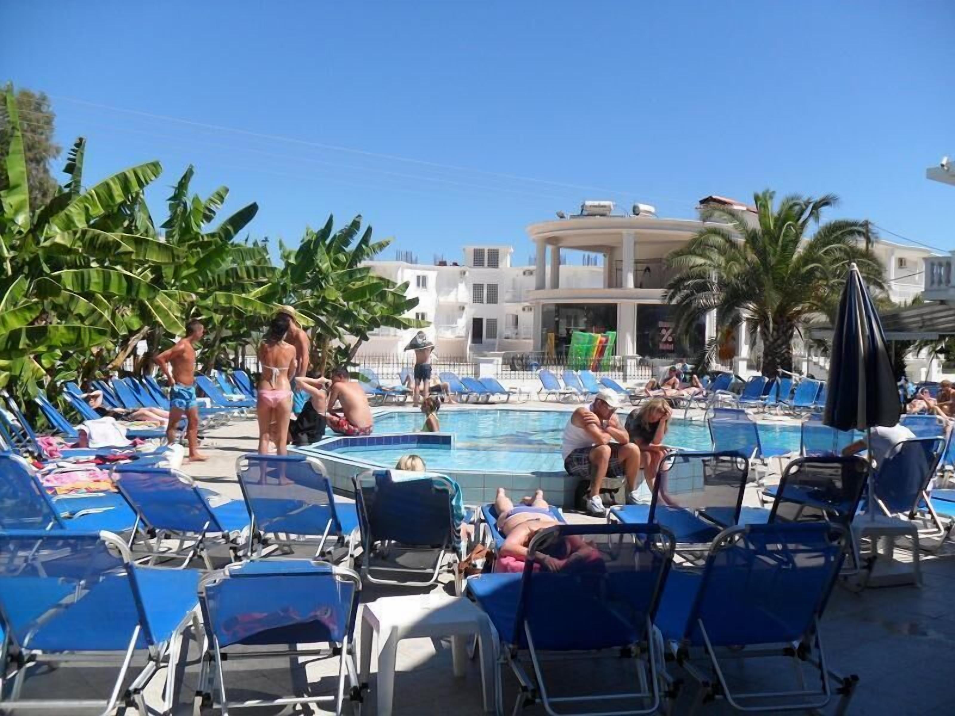 Un espace aménagé au bord de la piscine, avec des chaises longues bleues, une piscine et des palmiers.