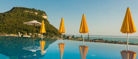 Outdoor pool, pool umbrellas, pool loungers