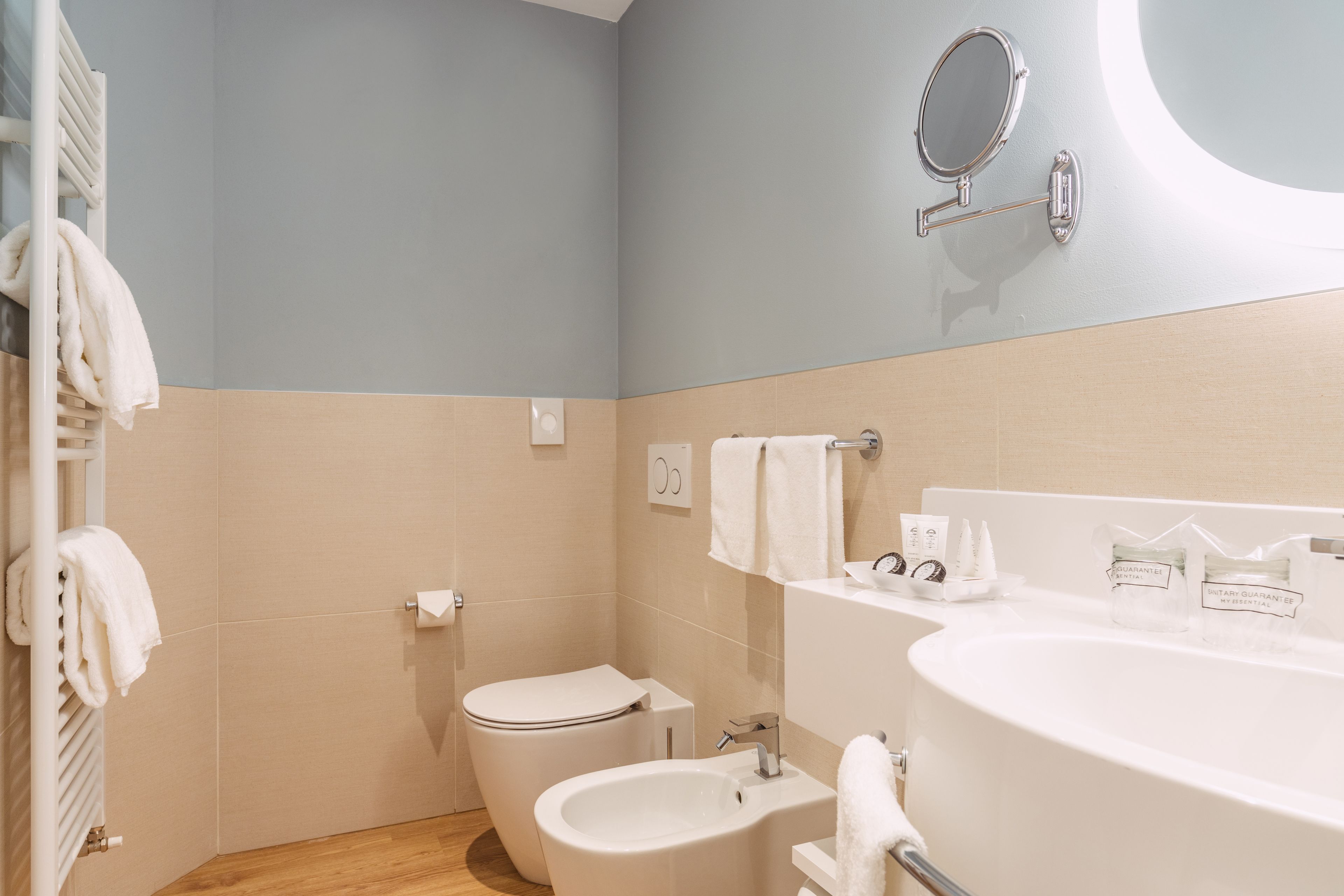 free toiletries, hair dryer, bidet, towels