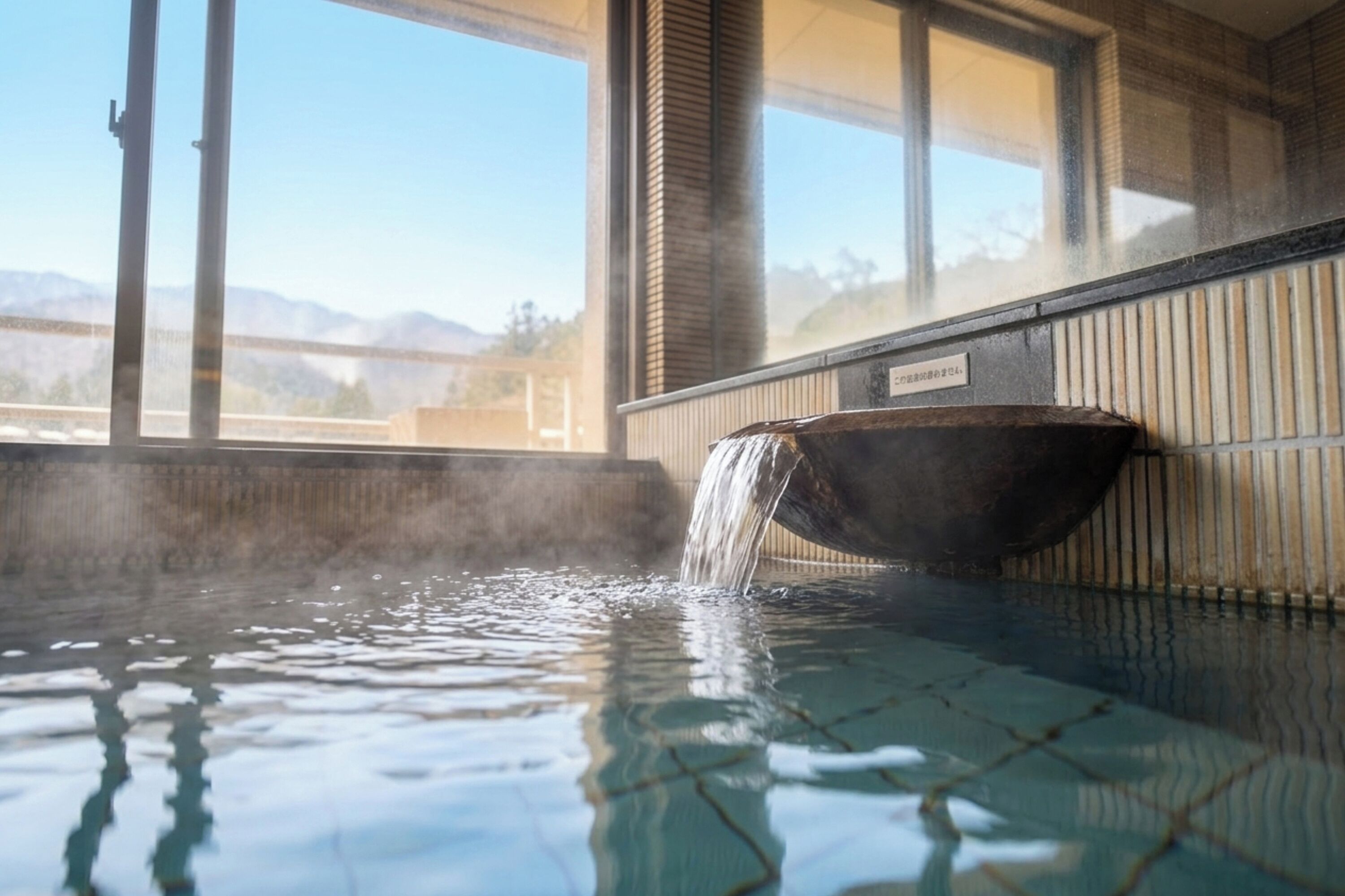 A hot tub with a waterfall feature, a view of mountains through large windows, and a tiled floor.