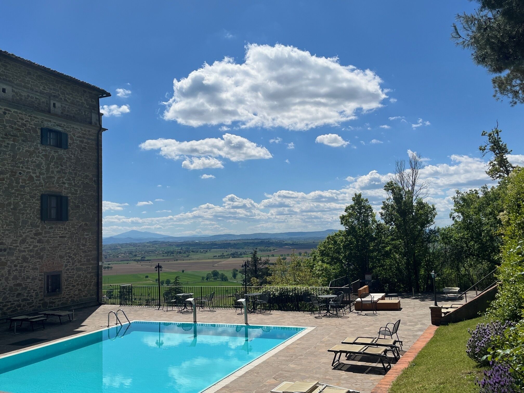 seasonal outdoor pool, pool umbrellas, pool loungers