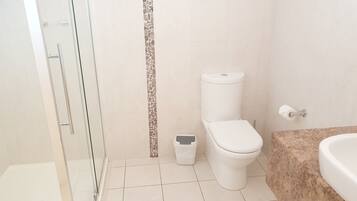 A bathroom with a glass shower enclosure, a toilet, and a sink.