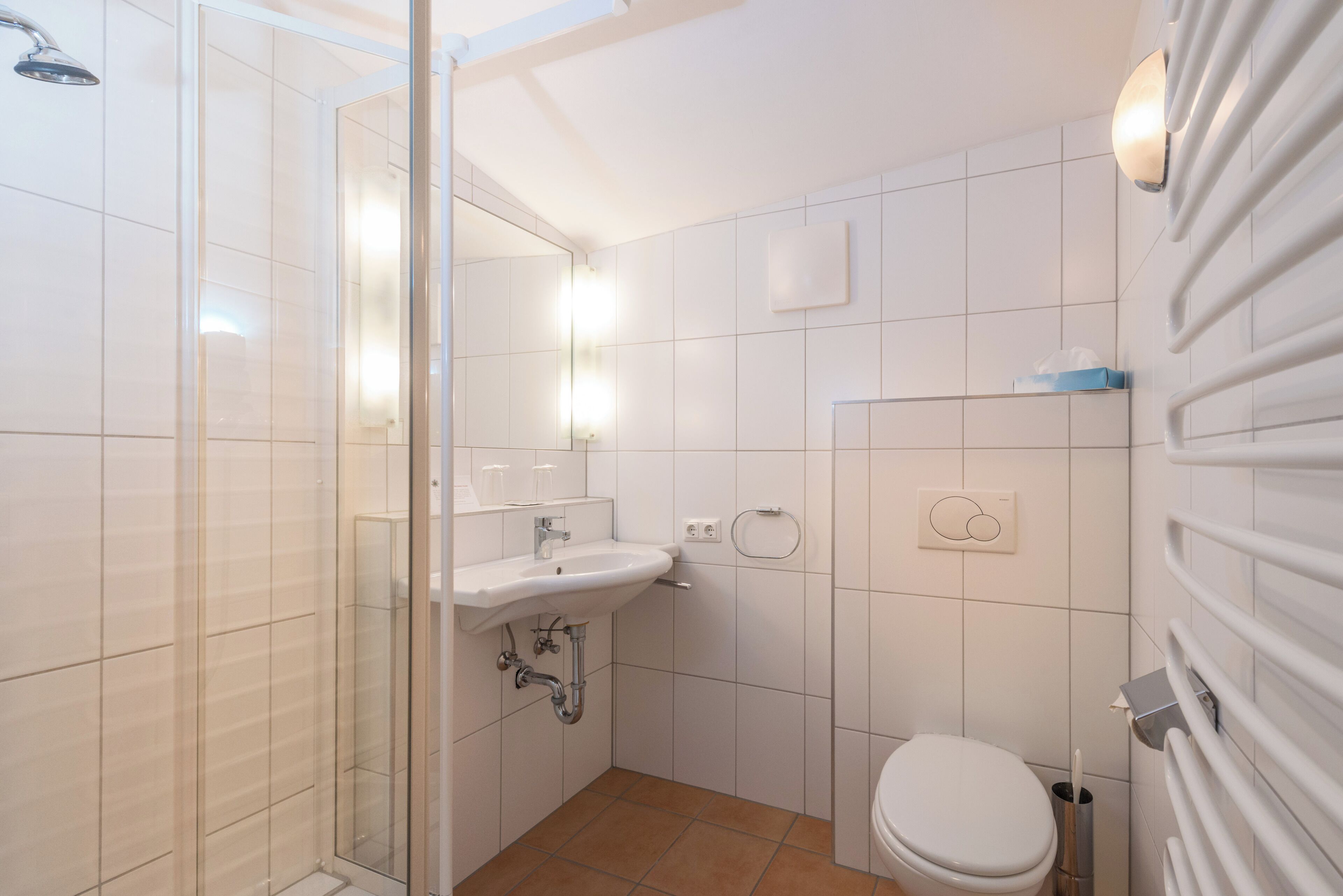 A modern bathroom with a glass shower enclosure, a white sink, and a toilet.