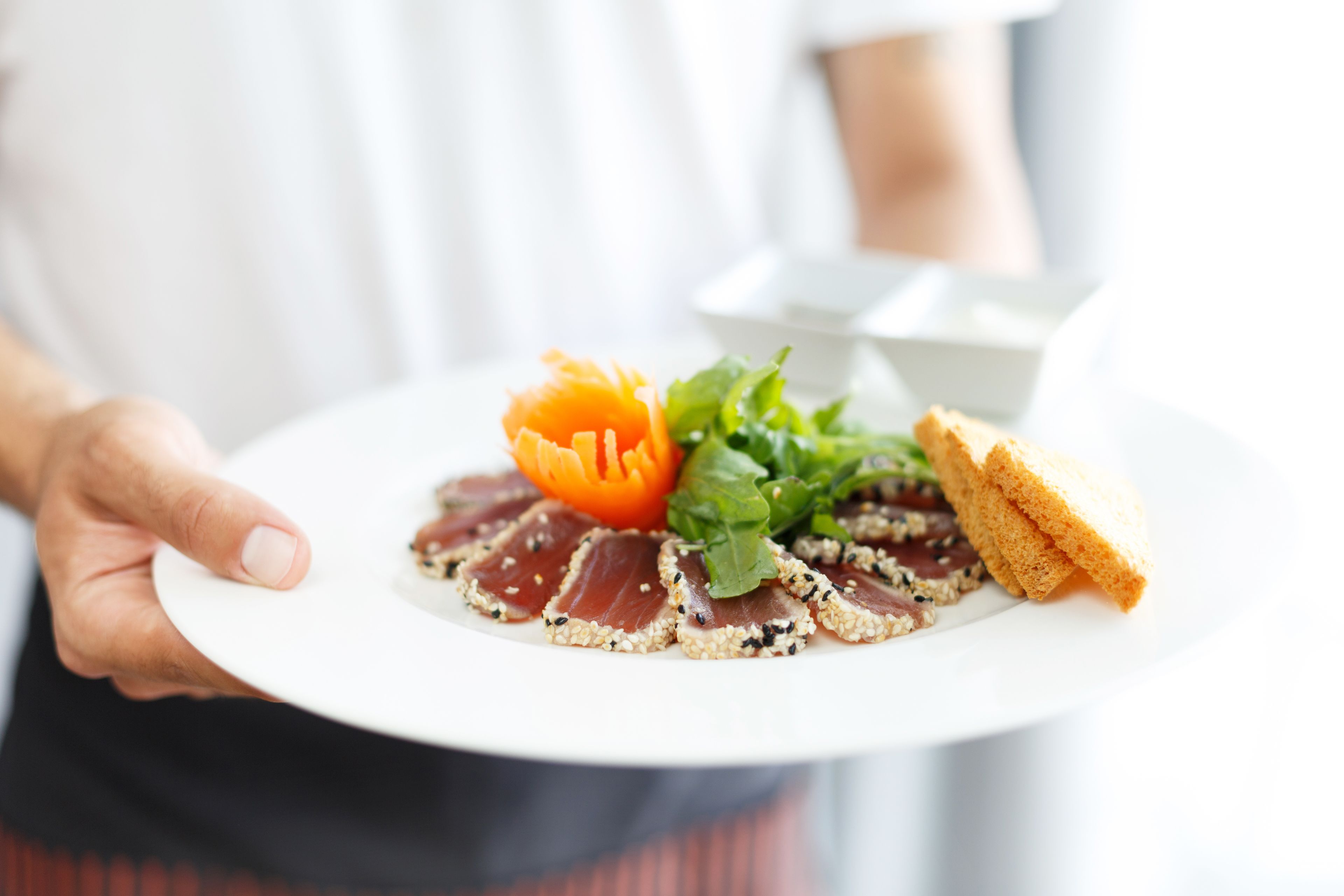 A plate with sliced meat, a tomato, and greens, held by a person.