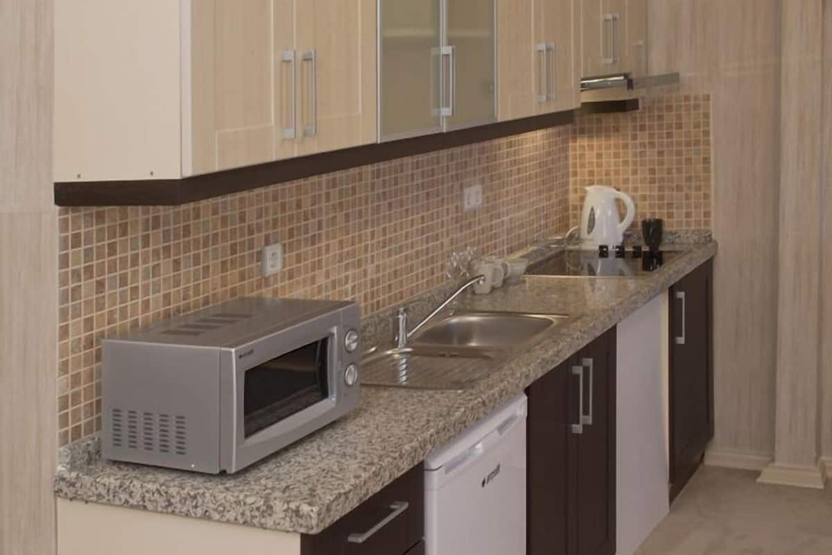 A kitchen with a built-in microwave, double sink, and white dishwasher.