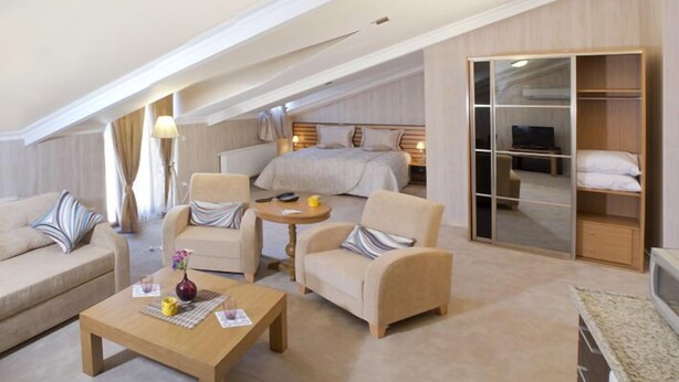 A modern hotel room with a large bed, a seating area with sofas and a coffee table, a walk-in closet, and a television. - The Bosphorus Aparts (Istanbul)