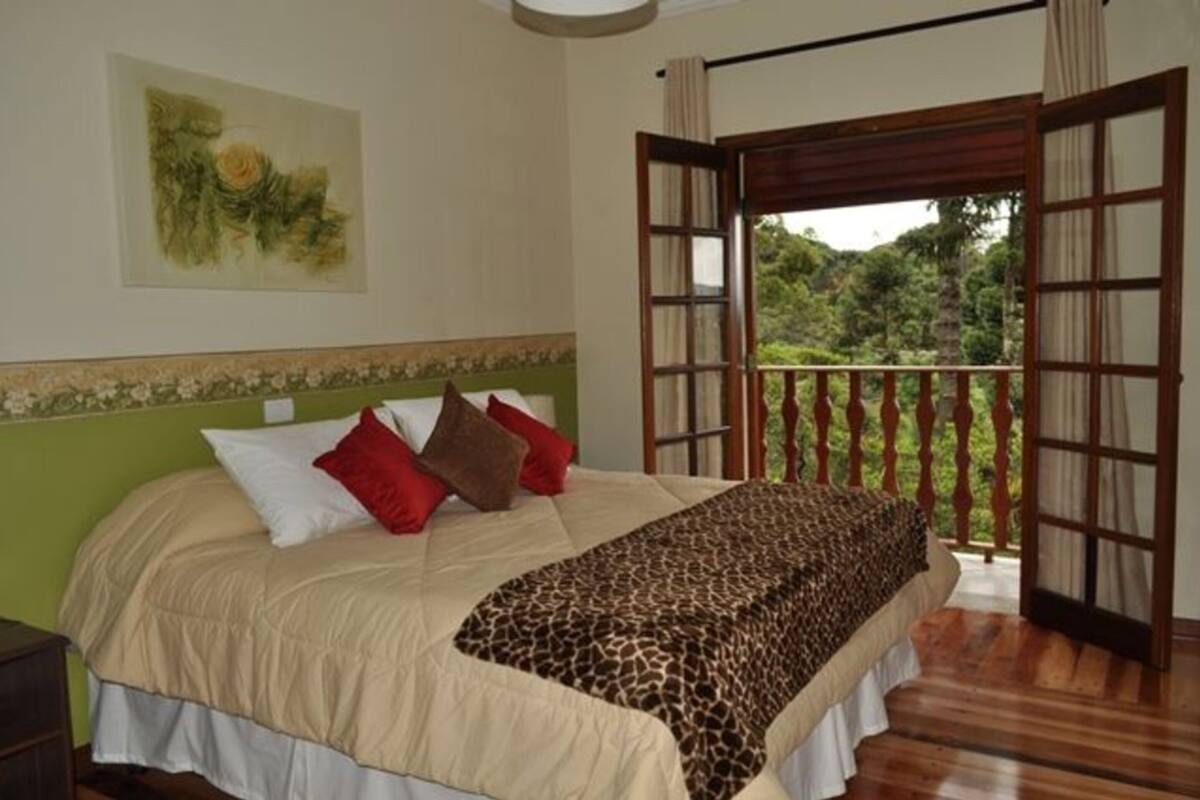 A bedroom with a bed, pillows, a leopard print blanket, a green wall, and a balcony with a view of greenery.