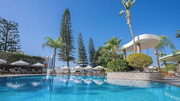 Outdoor pool, pool umbrellas, pool loungers