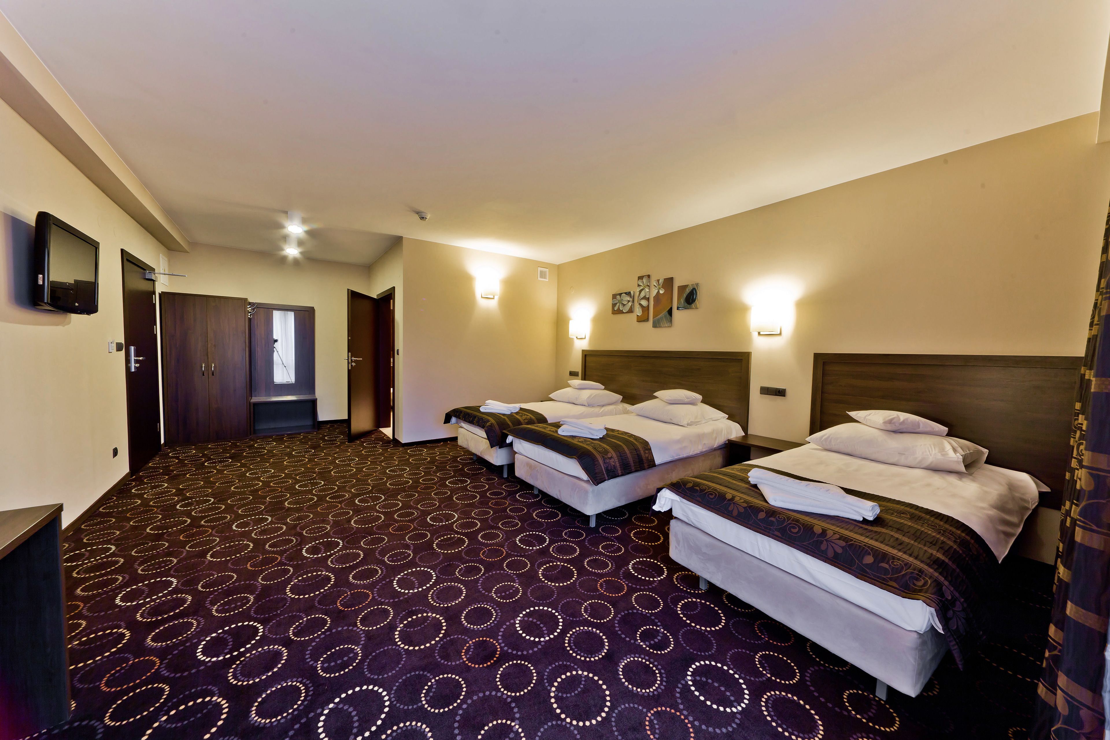 A hotel room with two beds, a TV, and a patterned carpet.