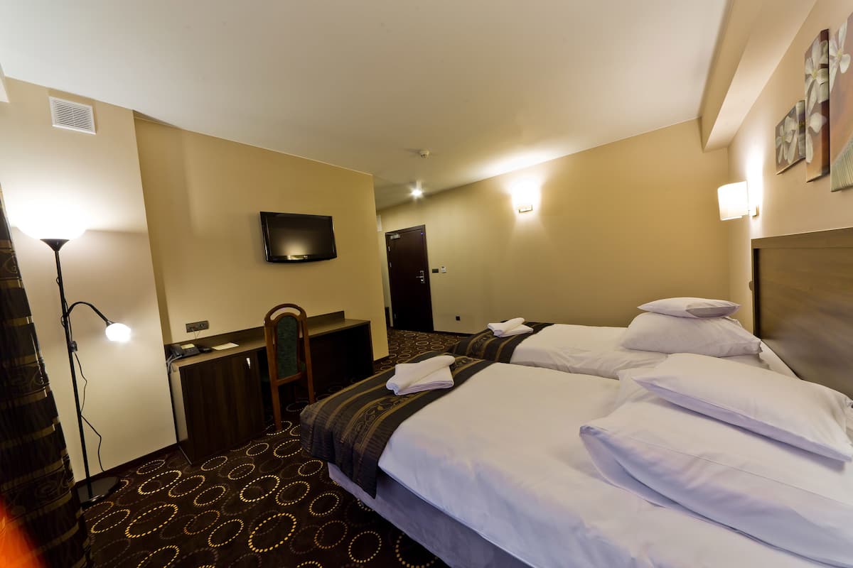 Habitación de hotel con dos camas, un escritorio, una silla, un televisor de pantalla plana y una alfombra estampada.