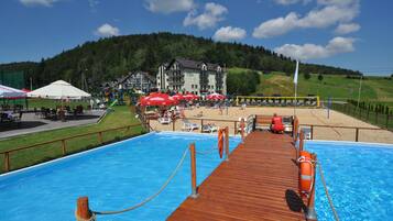 Indoor pool, outdoor pool, open 9 AM to 9 PM, sun loungers