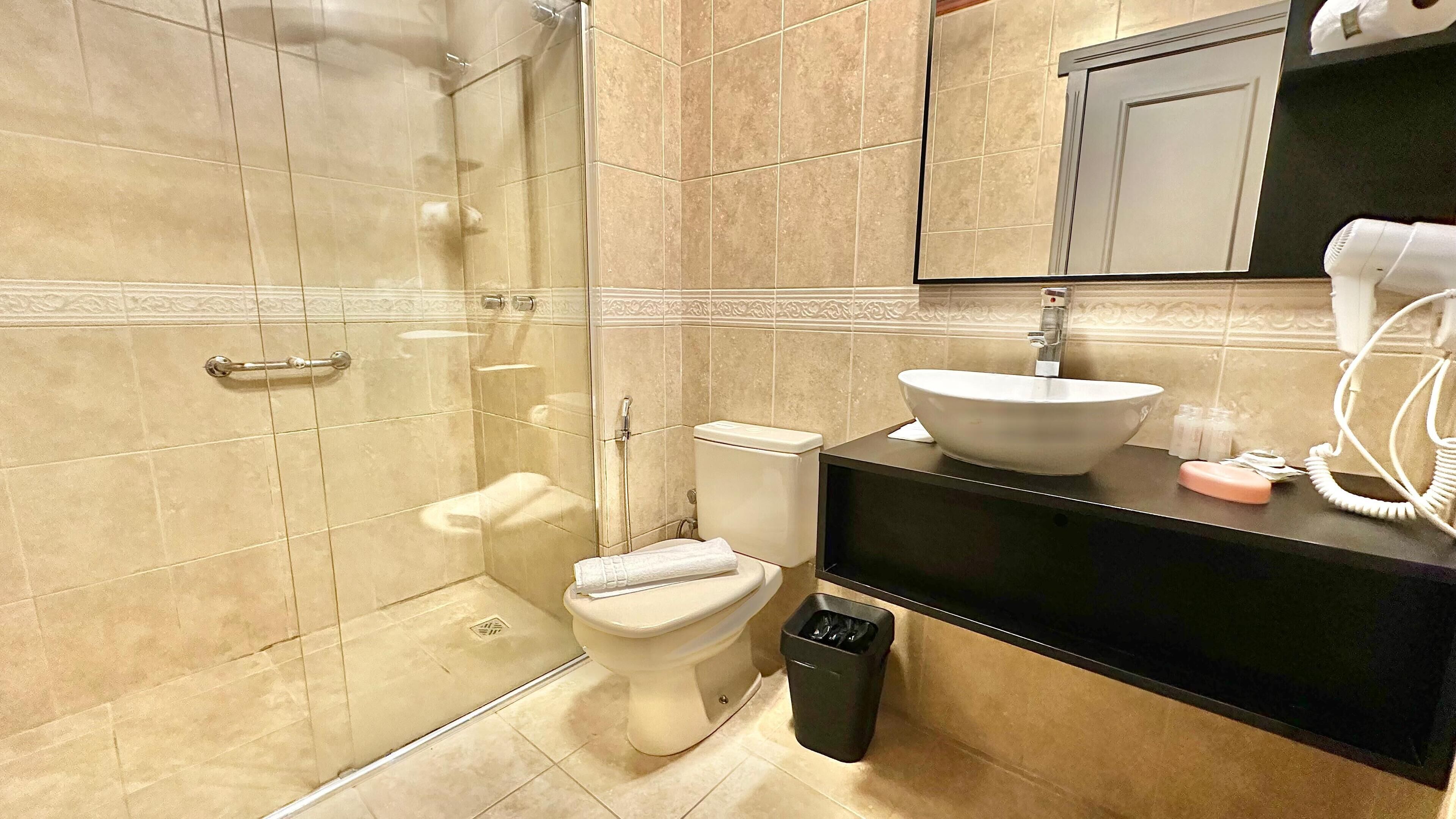 shower, free toiletries, hair dryer, towels