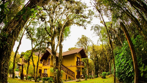 A yellow building with a balcony, surrounded by trees and greenery. - Pousada das Papoulas (Gramado)