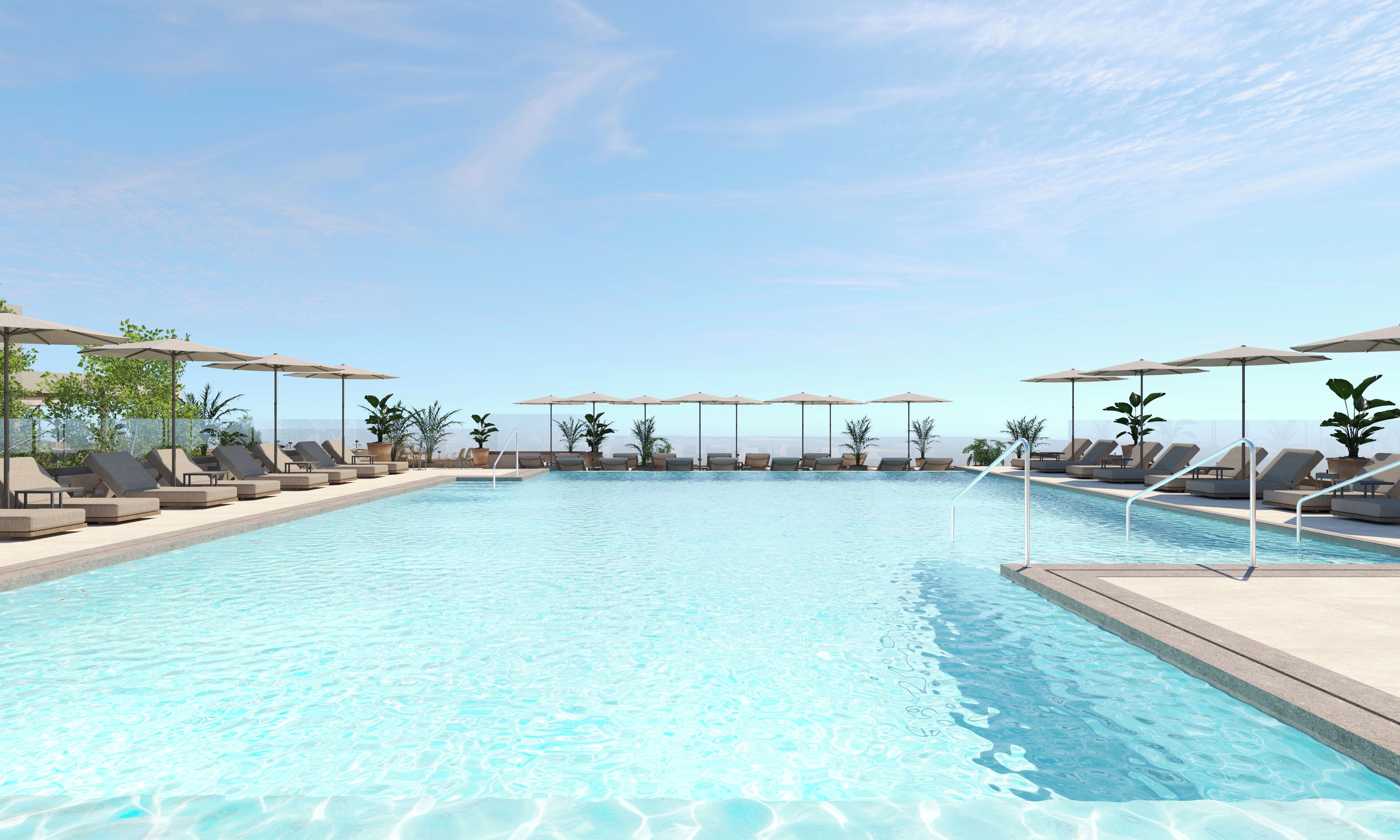 2 outdoor pools, open 8:00 am to 6:00 pm, pool umbrellas, pool loungers