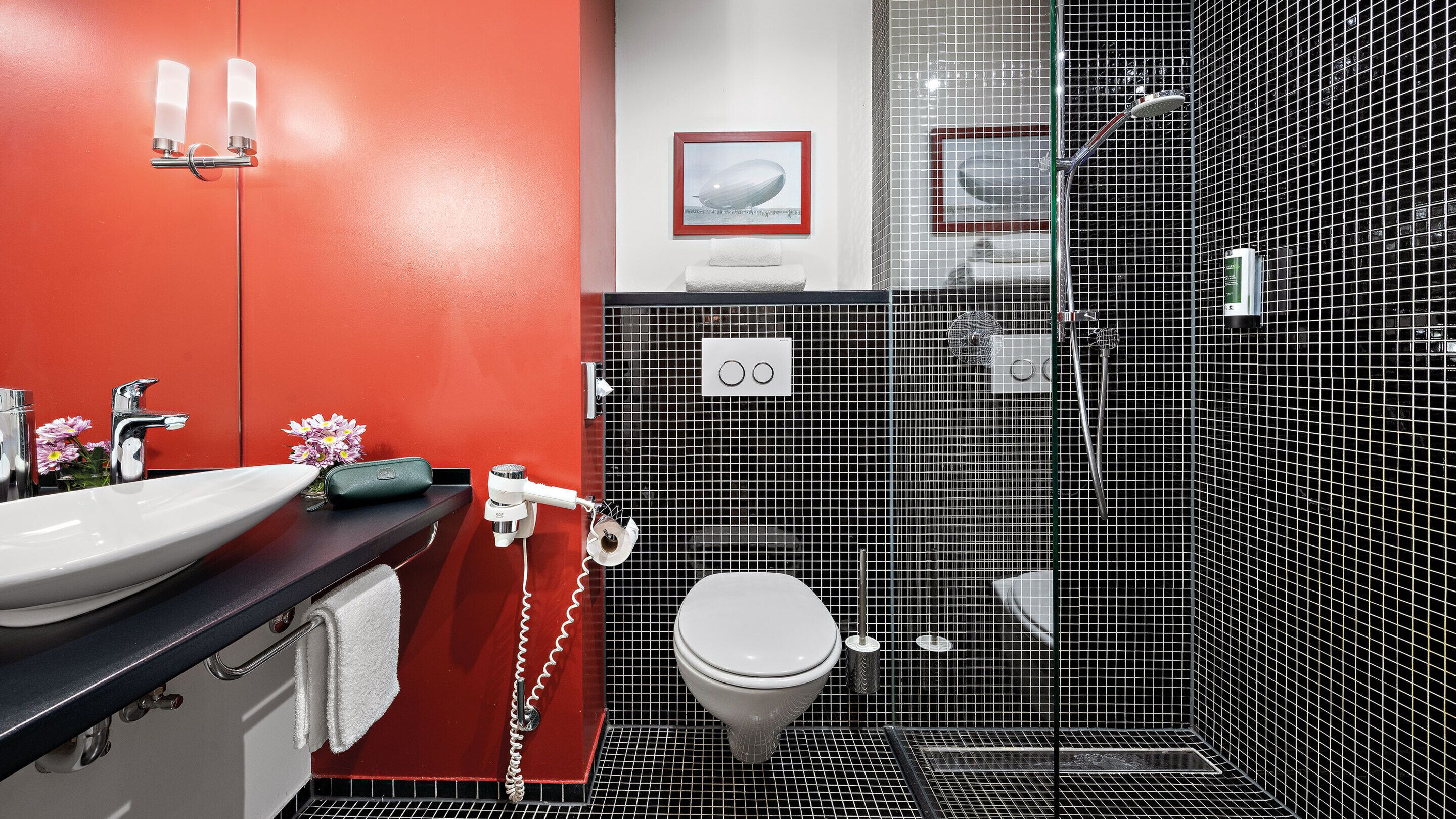 Shower, rainfall showerhead, hair dryer, heated floors (bathroom)