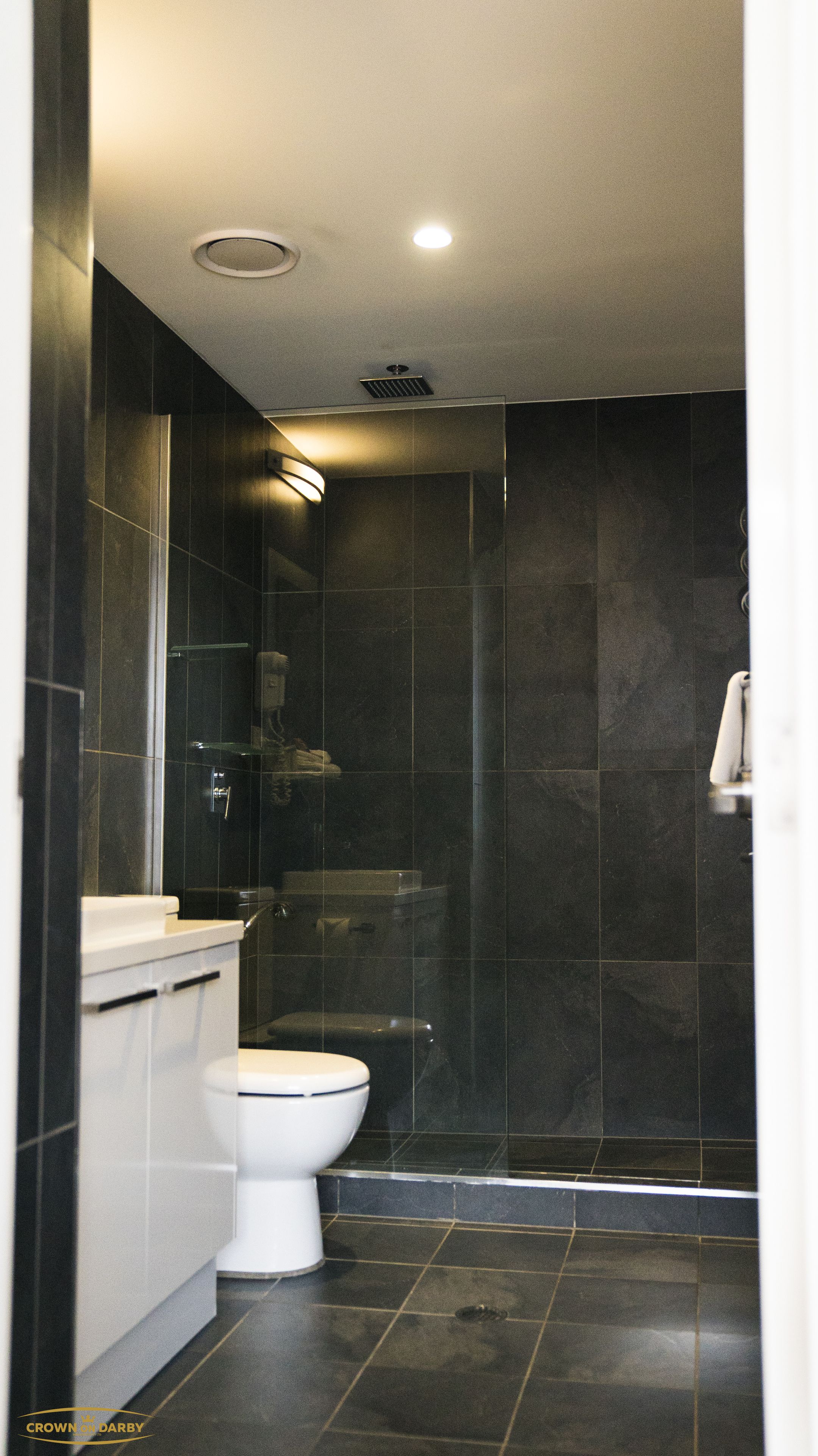 Un baño moderno con inodoro, ducha y lavabo.