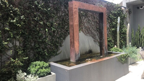 Et moderne udendørs område med et bassin, en murstensbygning og en mur dækket af efeu.