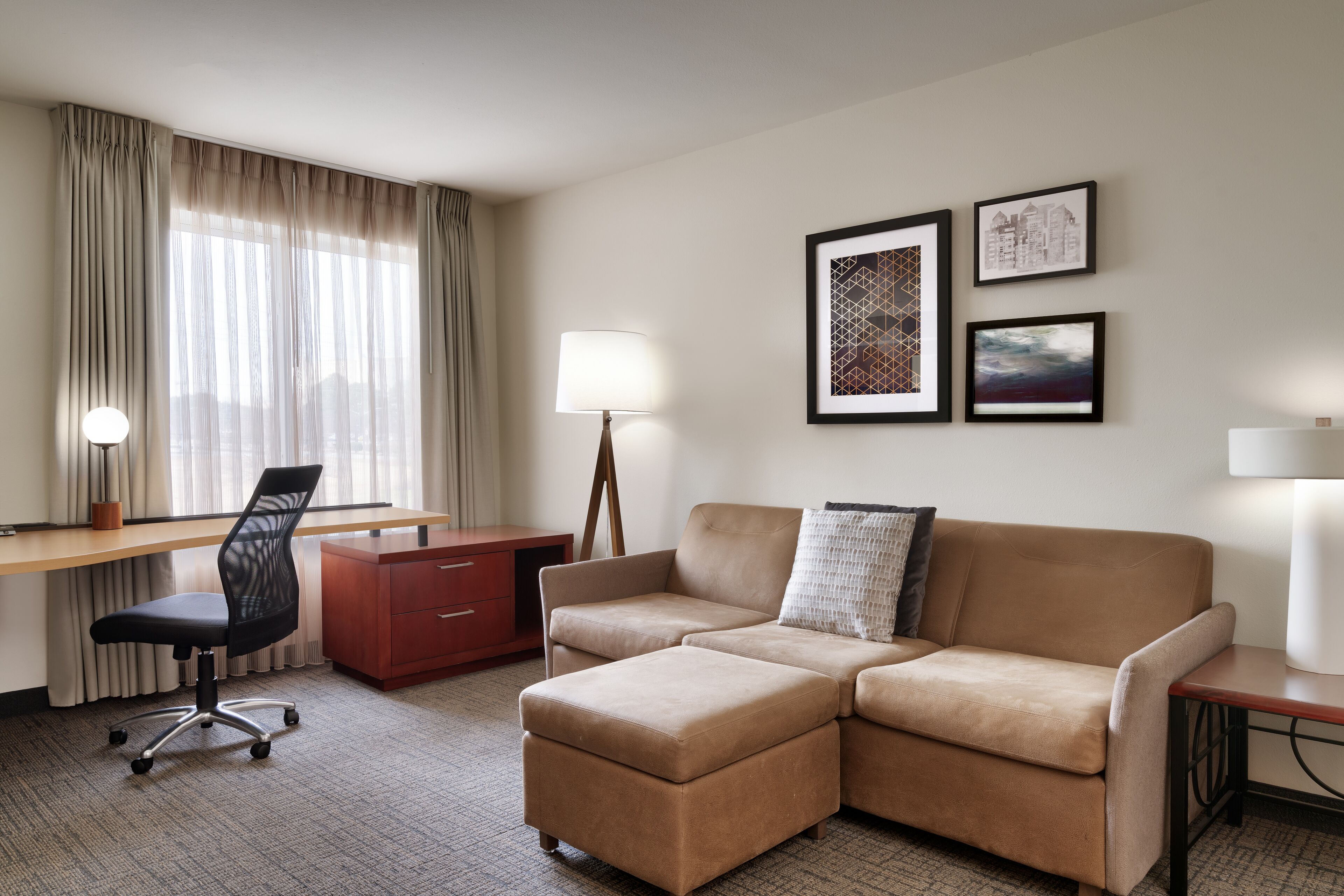 individually furnished, desk, laptop workspace, blackout curtains