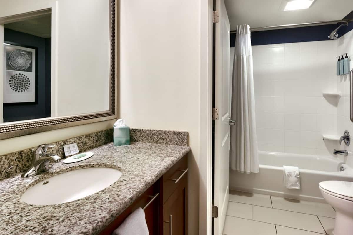 combined shower/bathtub, hair dryer, towels