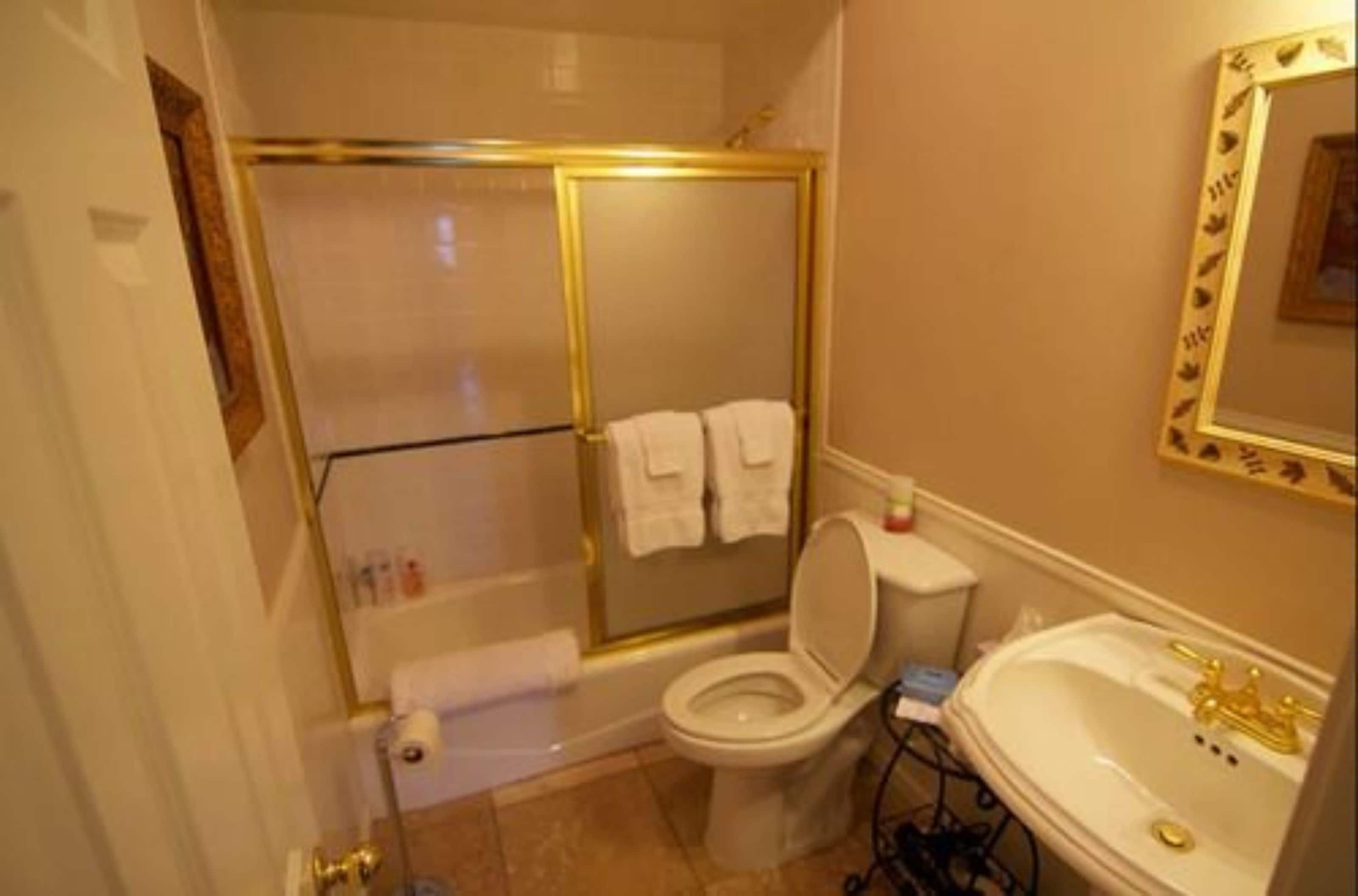 A bathroom with a shower enclosure, toilet, sink, and a mirror with a decorative frame.