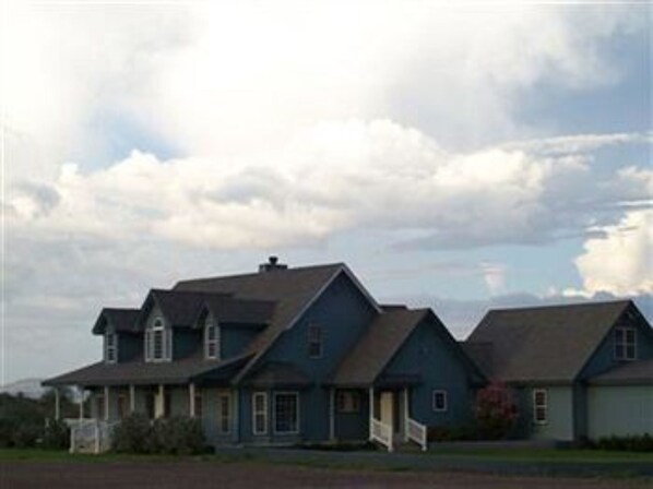 A row of blue houses with a flat roof, a front porch, and a garage.