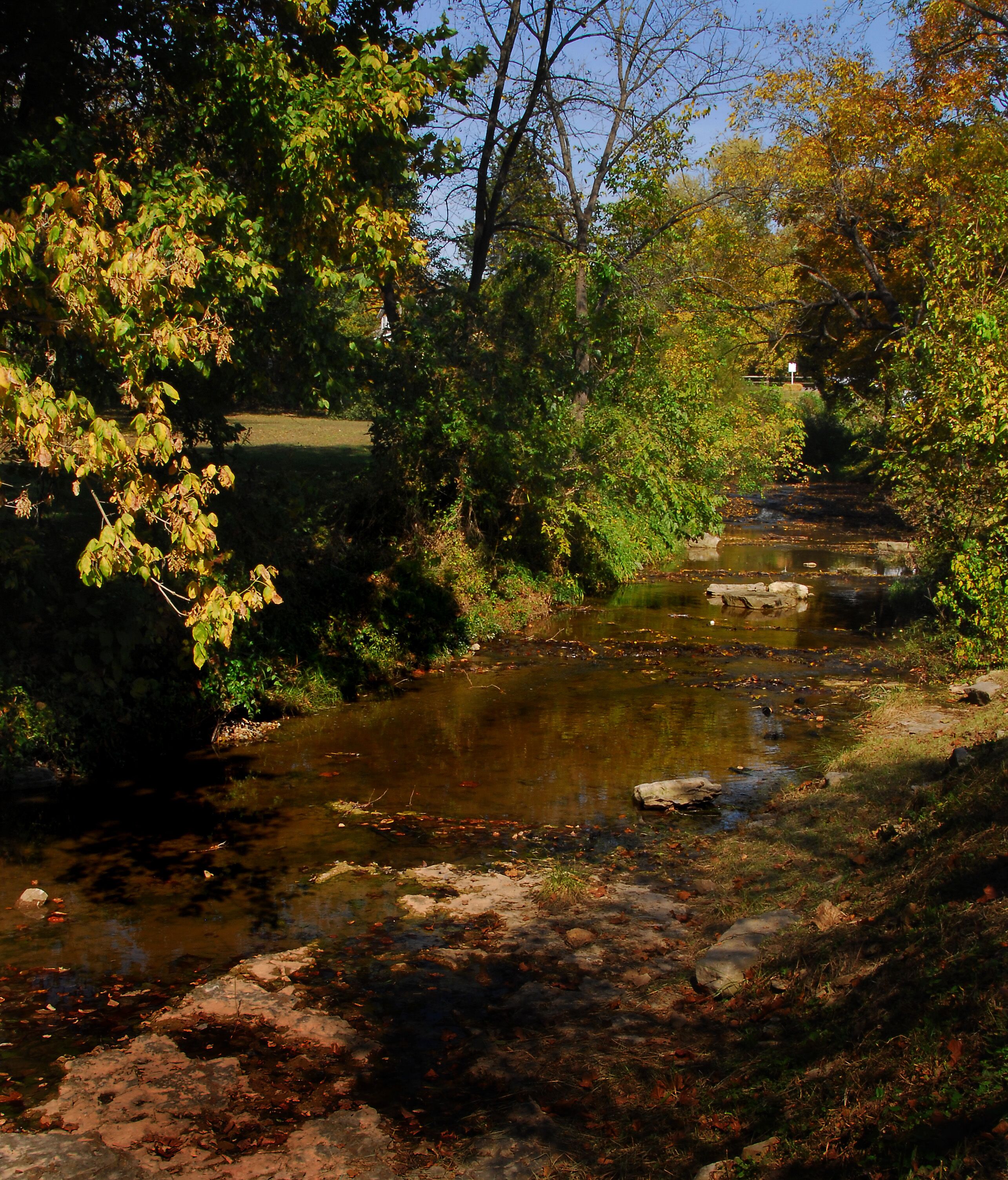 A natural landscape with a stream, trees, and a stone bridge.