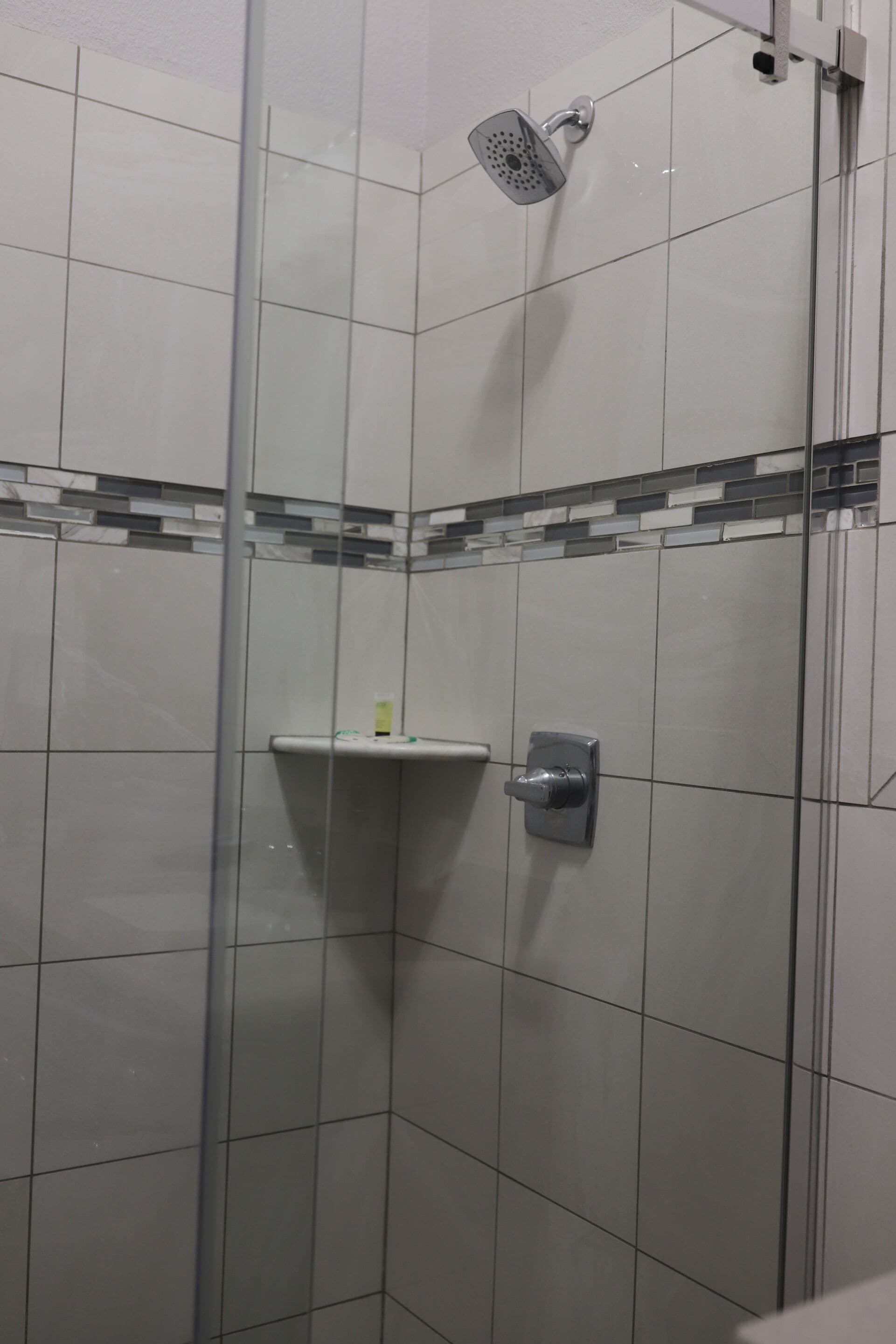 Un espace douche avec des murs carrelés, une porte en verre et un pommeau de douche.