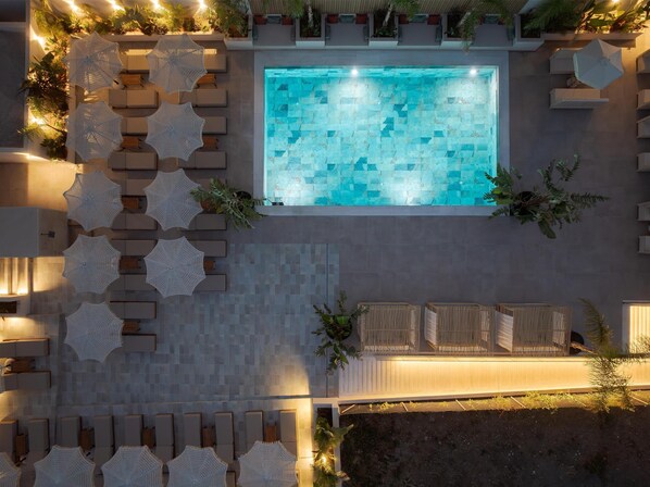 Outdoor pool, pool umbrellas, pool loungers