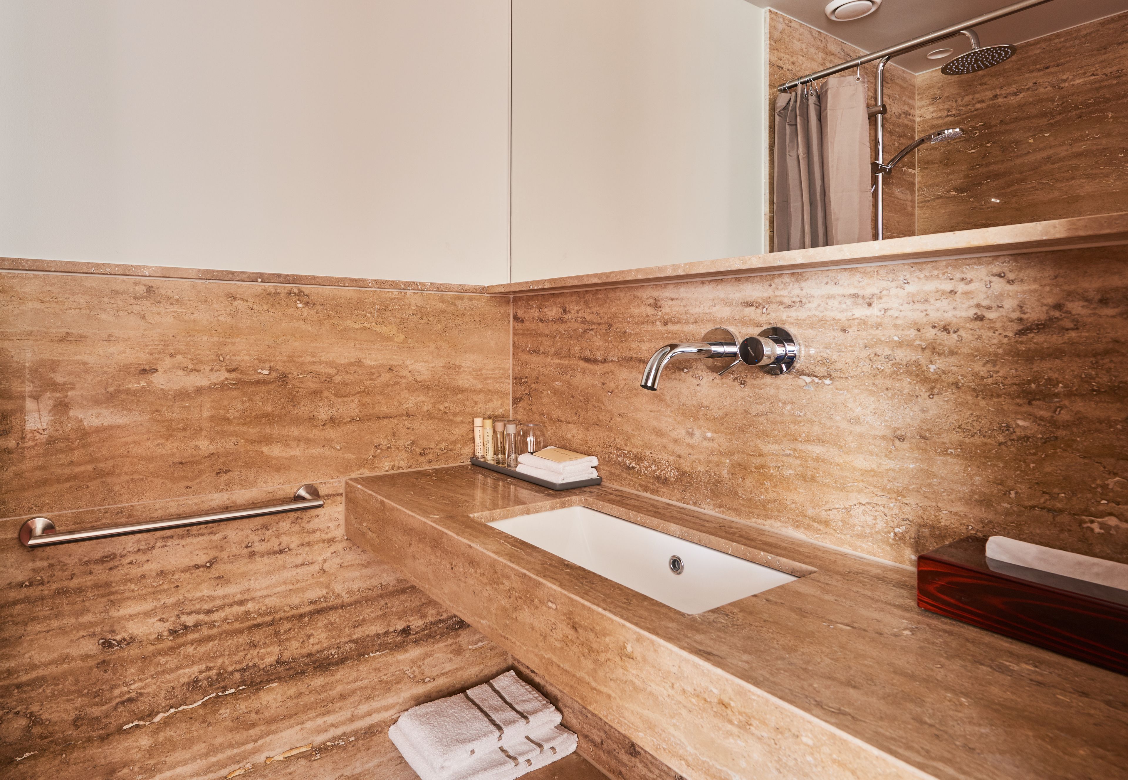 standard room (base) | bathroom | designer toiletries, hair dryer, towels