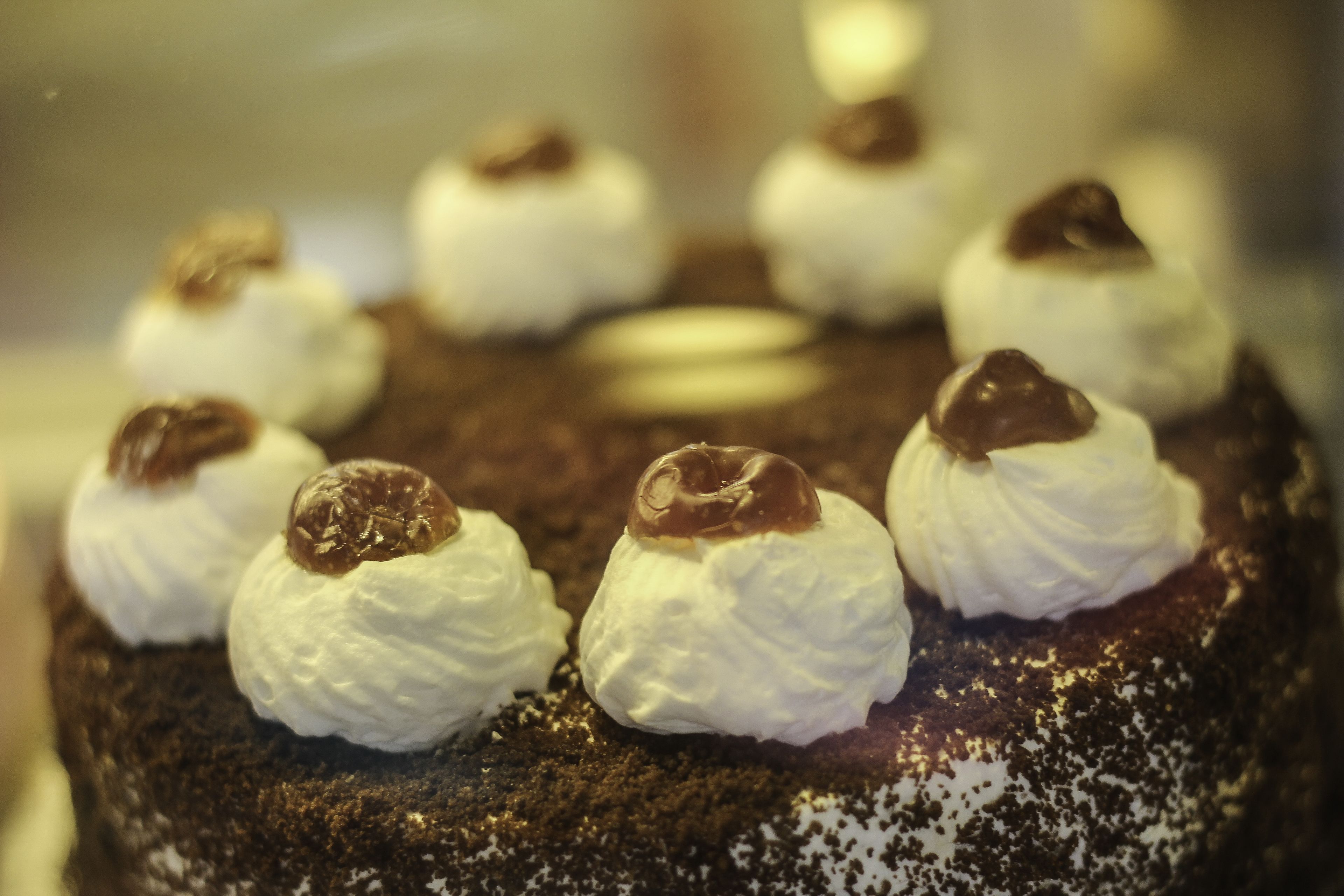 A chocolate cake with white frosting and chocolate pieces on top.