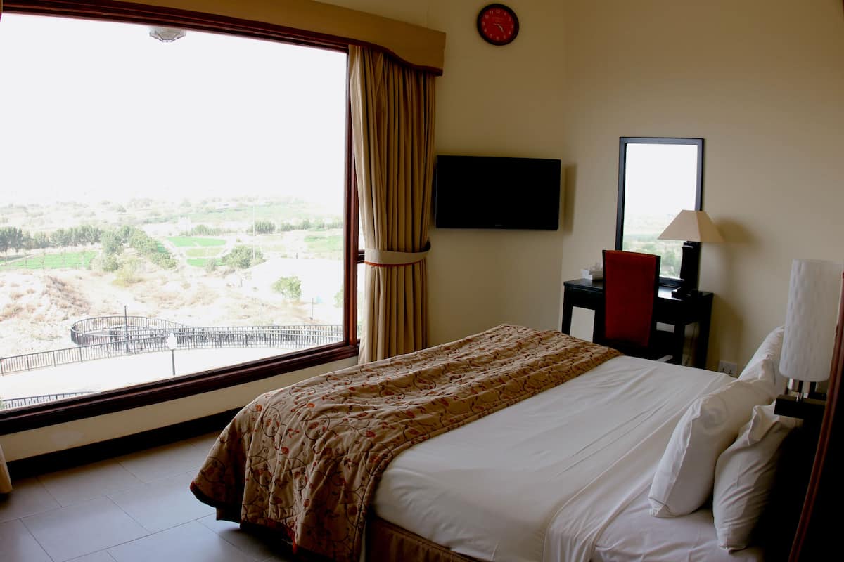 A hotel room with a large window, a bed, a TV, a desk, and a lamp.