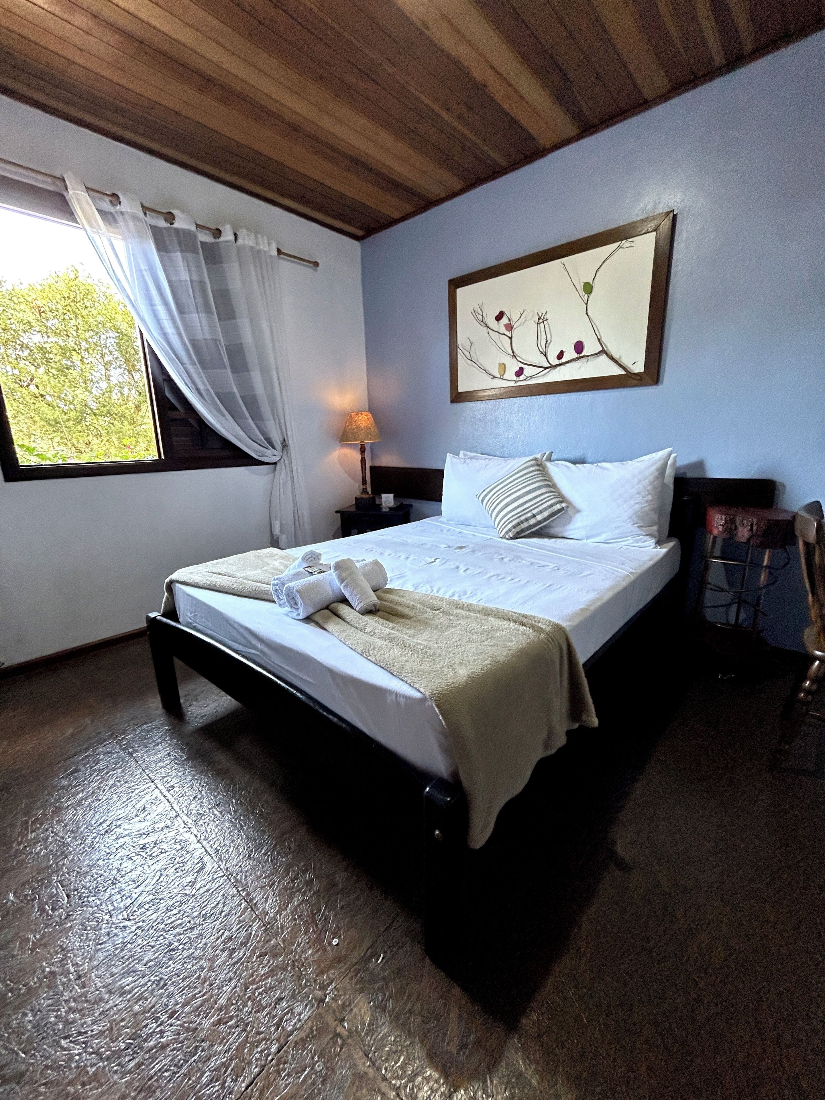 A bedroom with a bed, a nightstand, a lamp, a window with curtains, and a wall-mounted picture.
