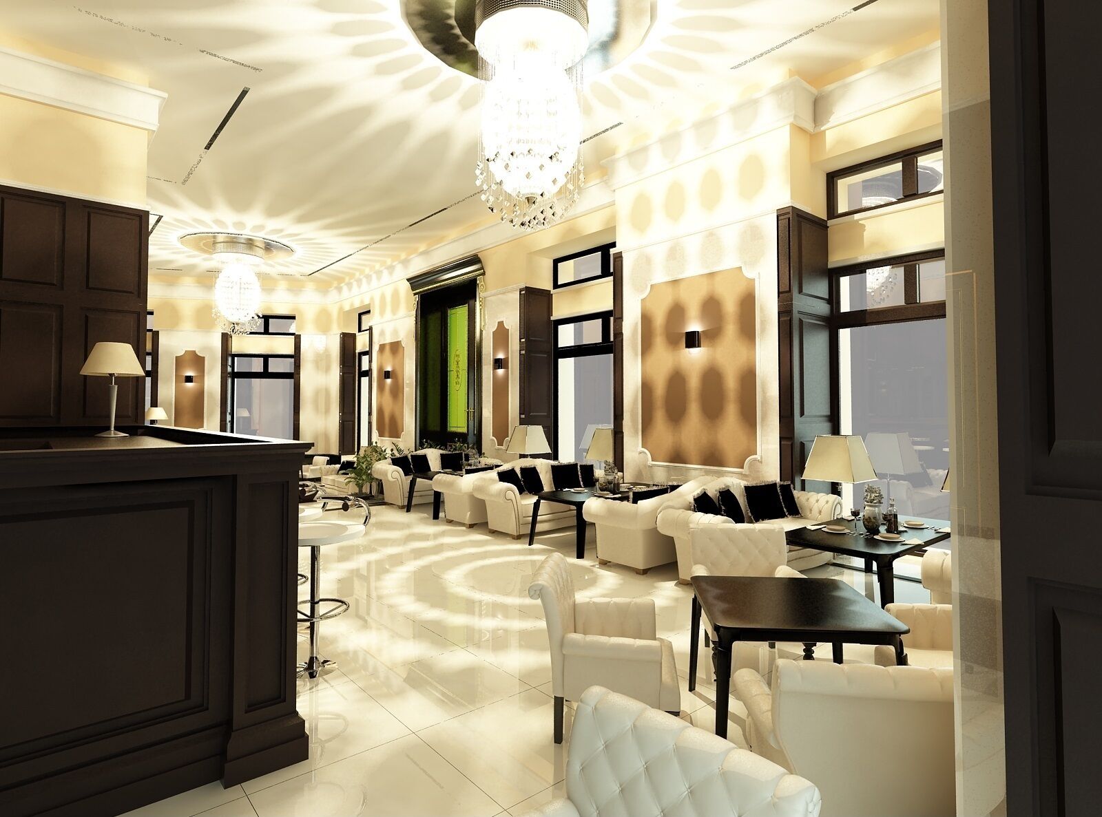 A luxurious hotel lobby with a central seating area, a bar, and a large chandelier.