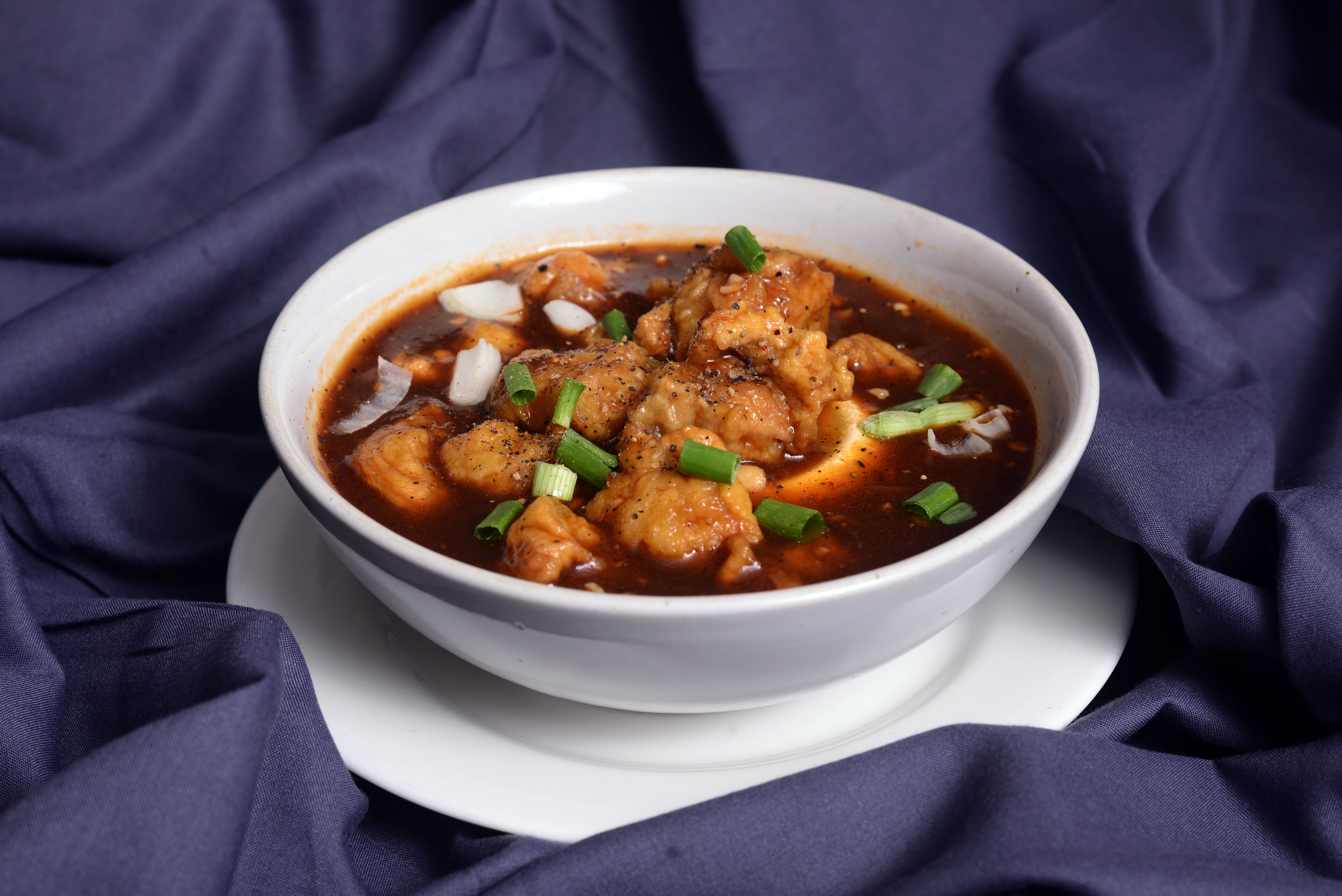 A bowl of soup with chicken pieces and green onions on a white plate.