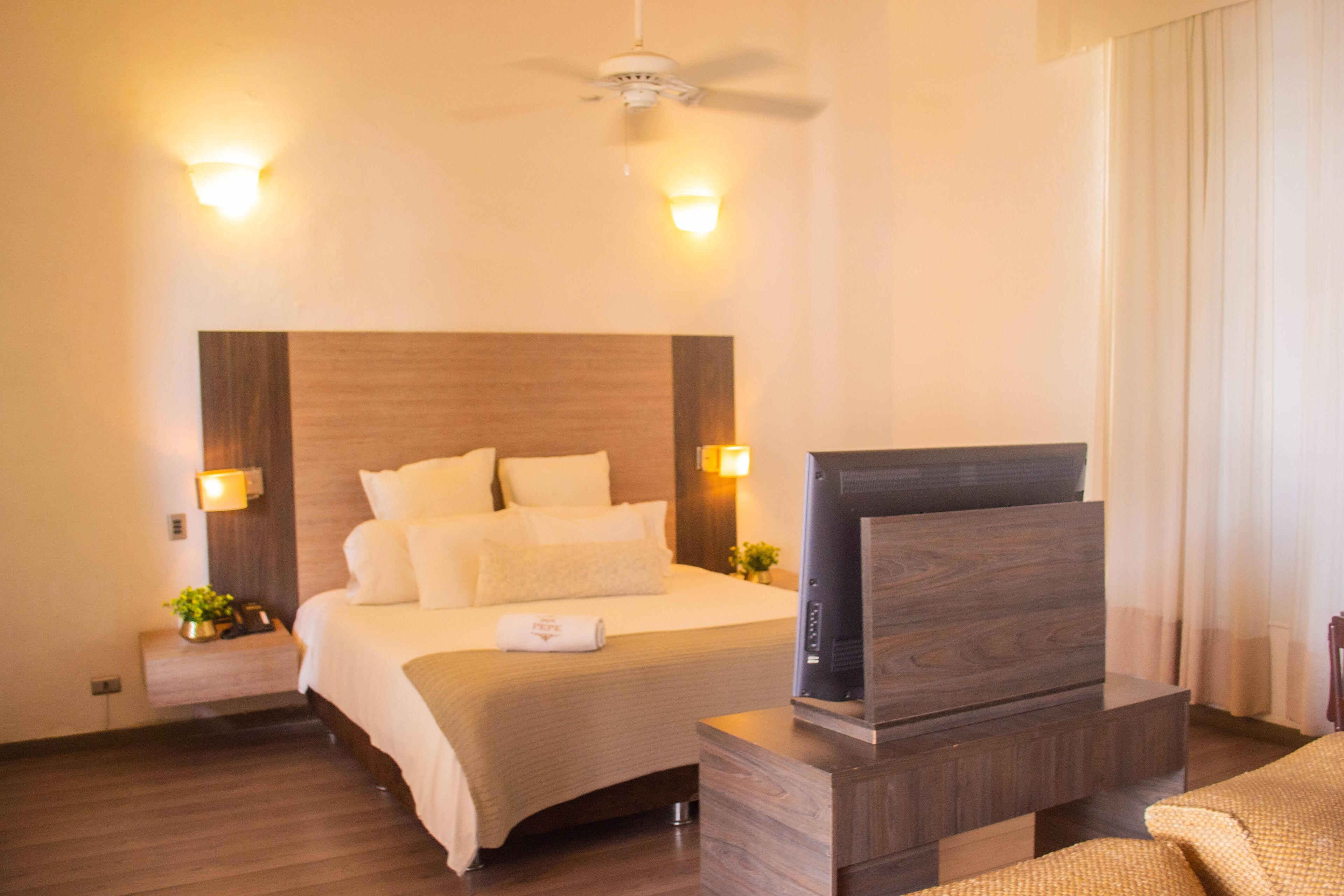 Camera d'albergo con un letto, una TV su un supporto in legno, una ventola a soffitto e luci a parete.