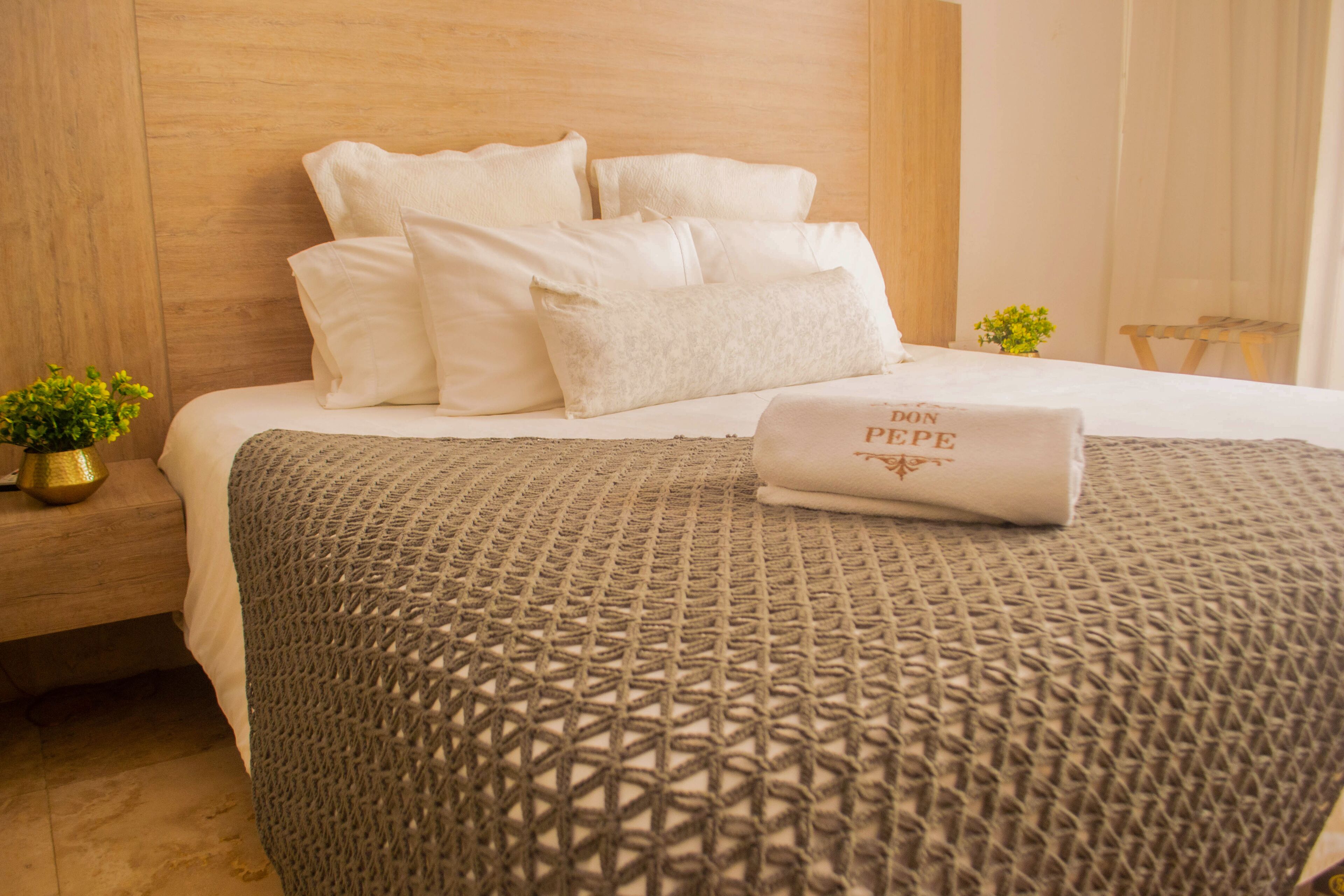 A neatly made bed with white linens and a patterned throw, a small bedside table with a plant, and a wooden headboard.