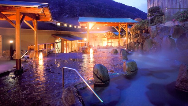 A traditional Japanese onsen with stone baths, wooden walkways, and a mountain backdrop. - Hakonenomori Okada (Hakone)