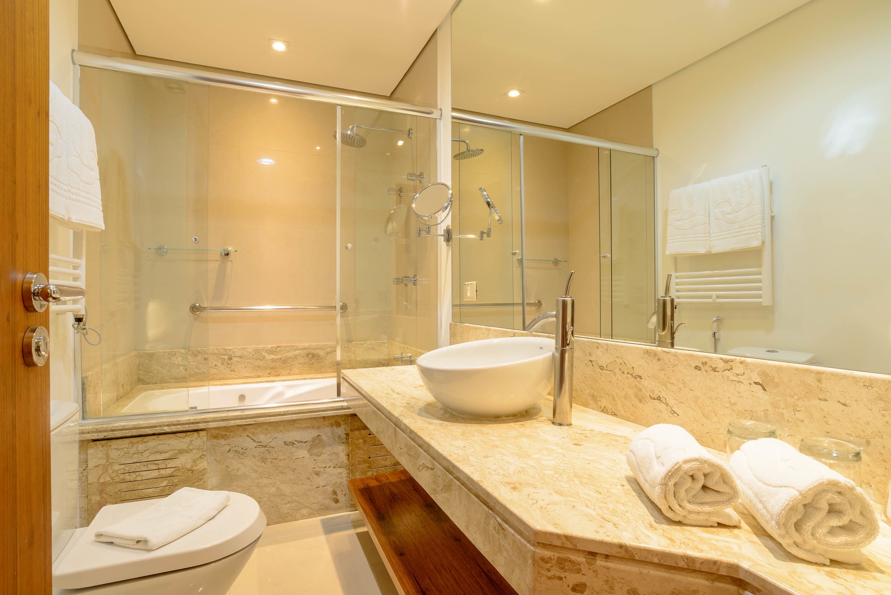 prestige suite | bathroom | designer toiletries, hair dryer, heated floors, towels