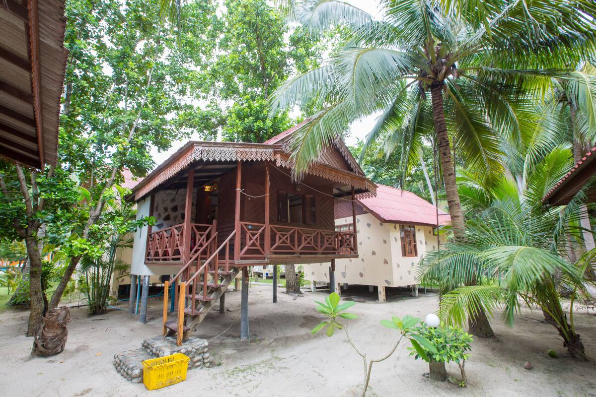 A wooden house with a porch, surrounded by palm trees and greenery.