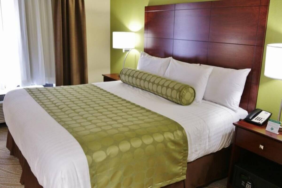 A hotel room with a large bed, a bedside table with a lamp, a telephone, and a nightstand.