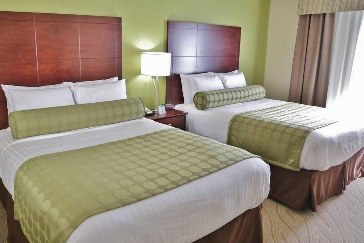 A hotel room with two beds, a nightstand, a lamp, and a view of the outdoors.