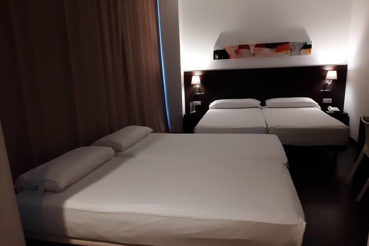 Une chambre d’hôtel avec deux lits simples, une table de chevet avec une lampe et une œuvre d’art accrochée au mur au-dessus des lits.