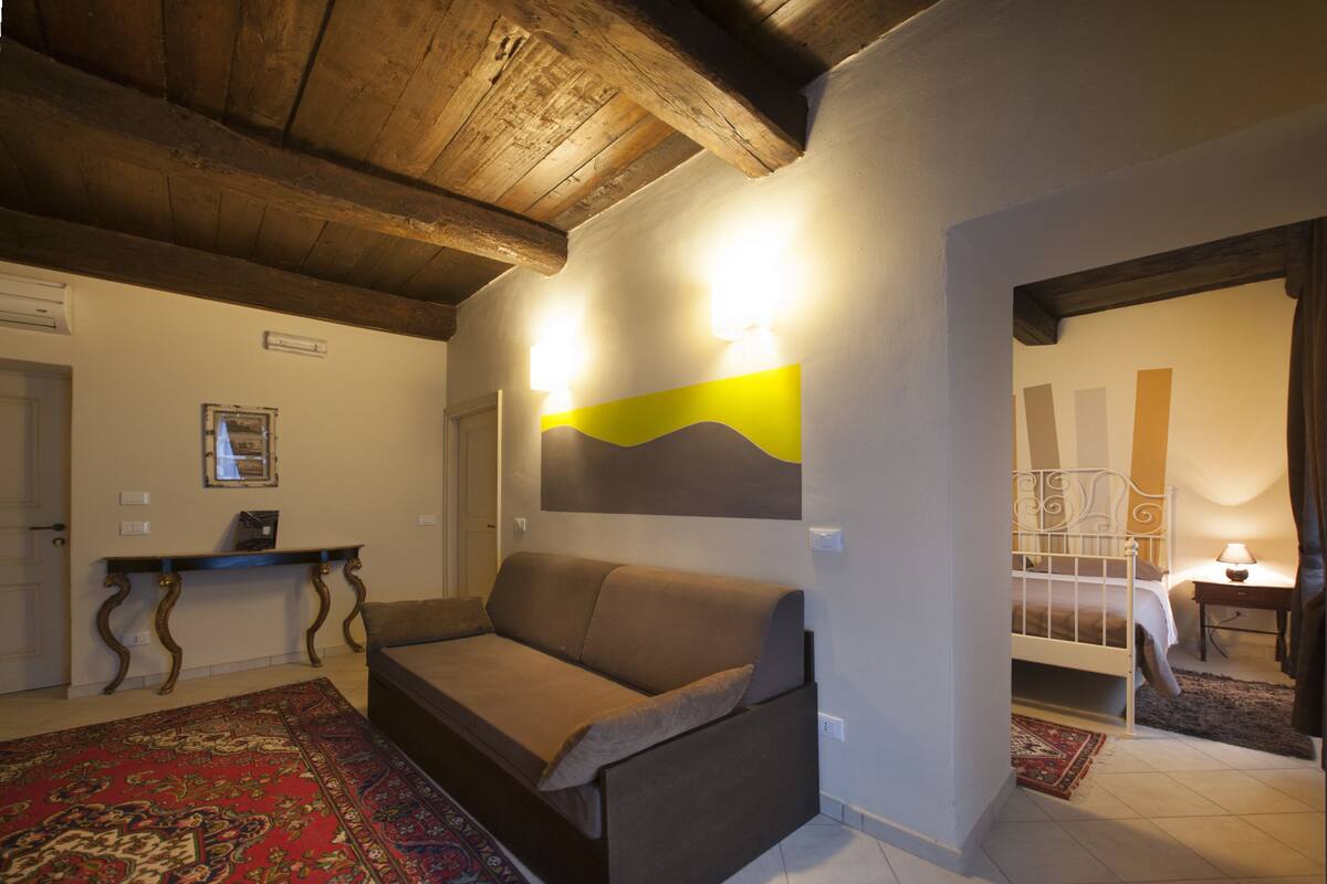 A cozy living room with a sofa, a patterned rug, and a wooden ceiling.